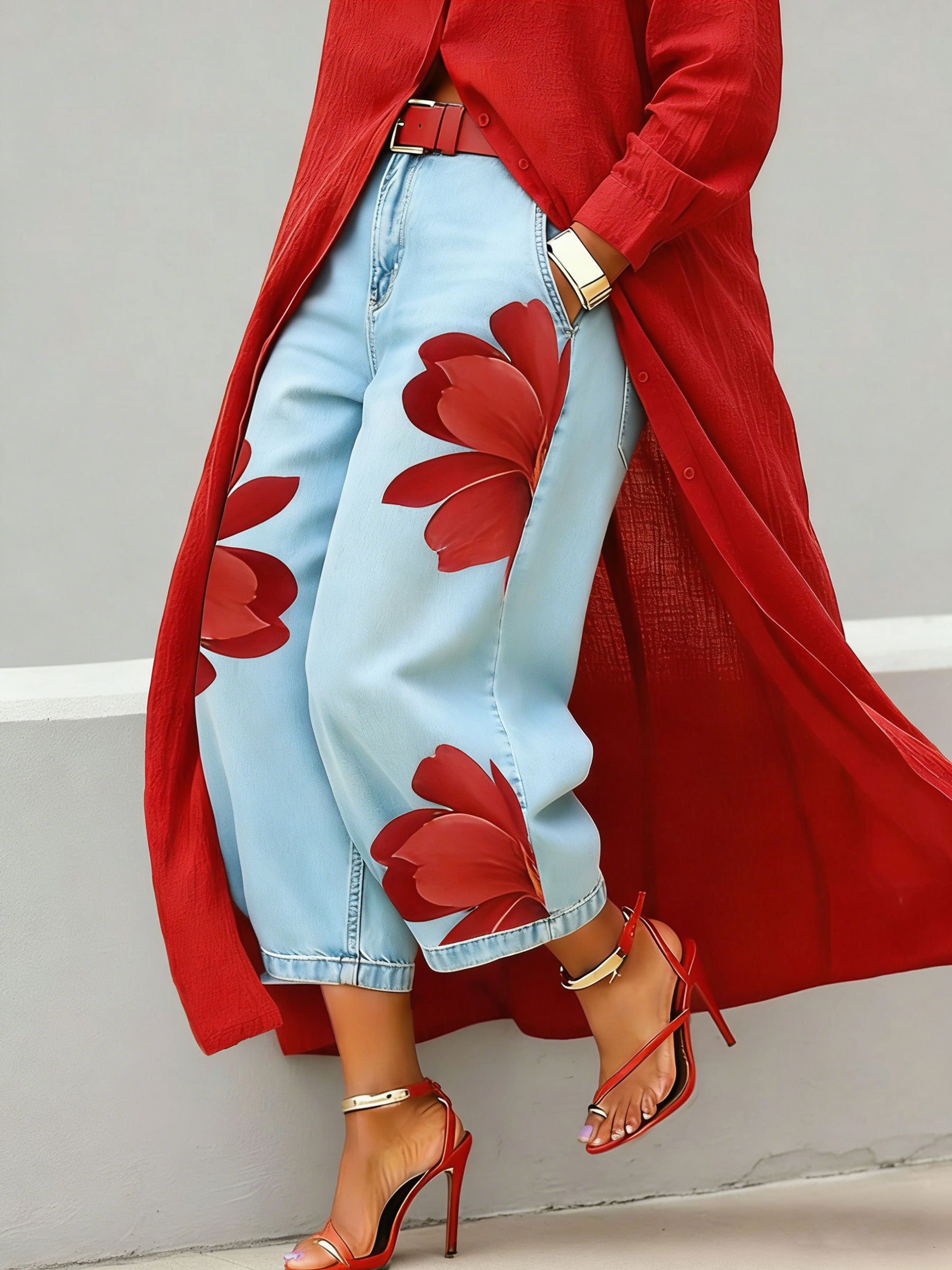 Women’s Stylish Flower Casual Wide Denim Pants
