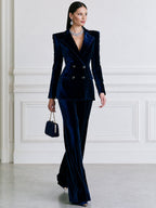 Navy Velvet Double-Breasted Blazer & Wide-Leg Pants Suit Set