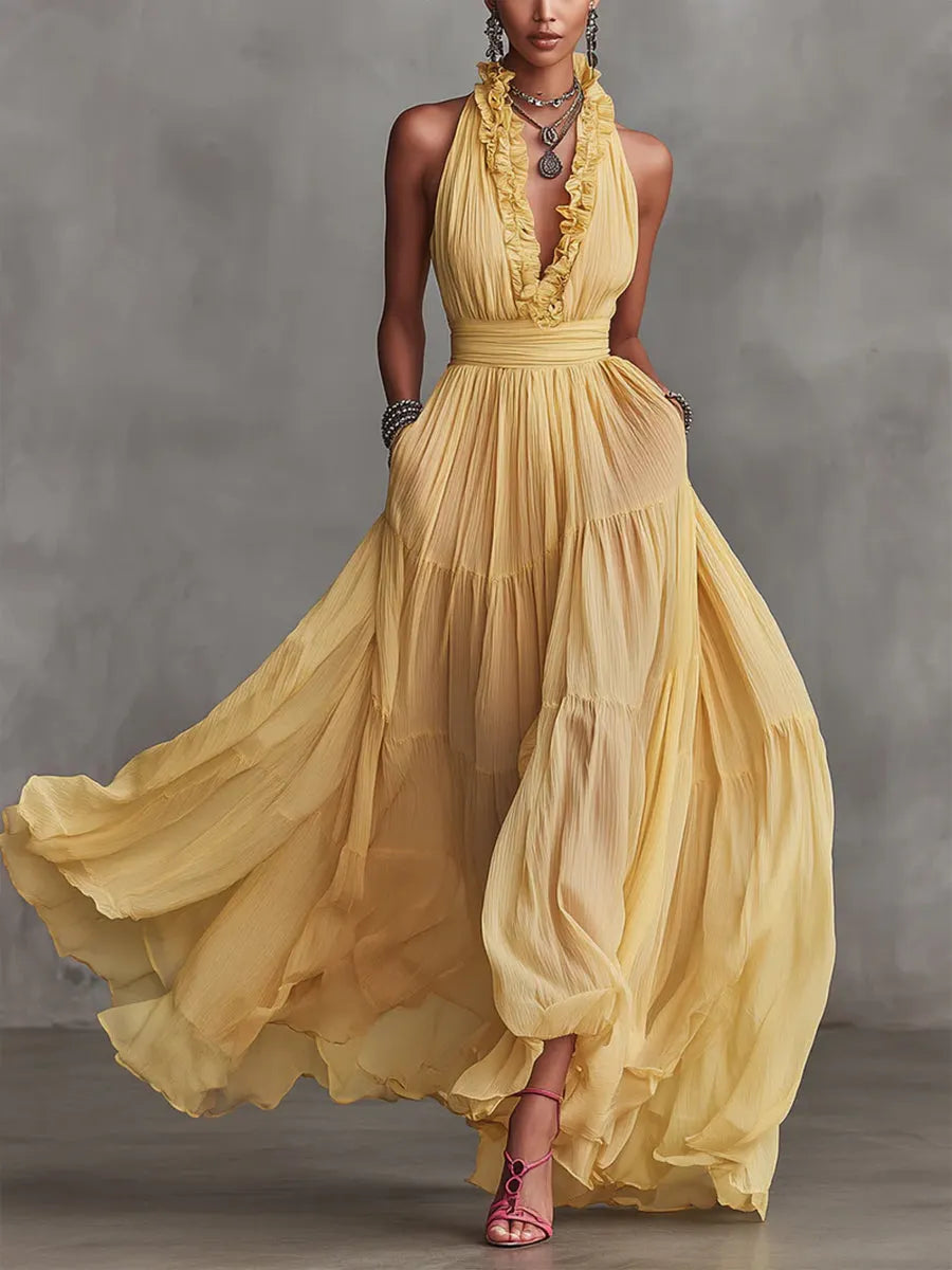 Stylish And Flowing Ruffled Collar Maxi Dress