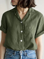 Solid Color Pocket Linen Blend Short Sleeve Shirt