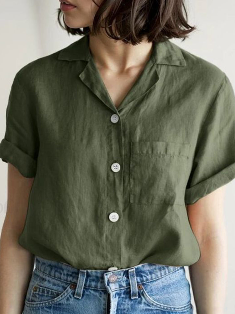 Solid Color Pocket Linen Blend Short Sleeve Shirt