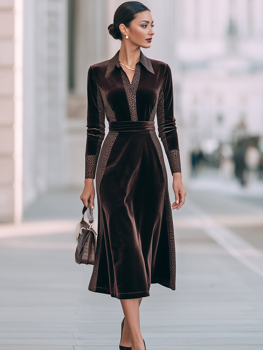 Velvet Leopard Panel Shirt Midi Dress