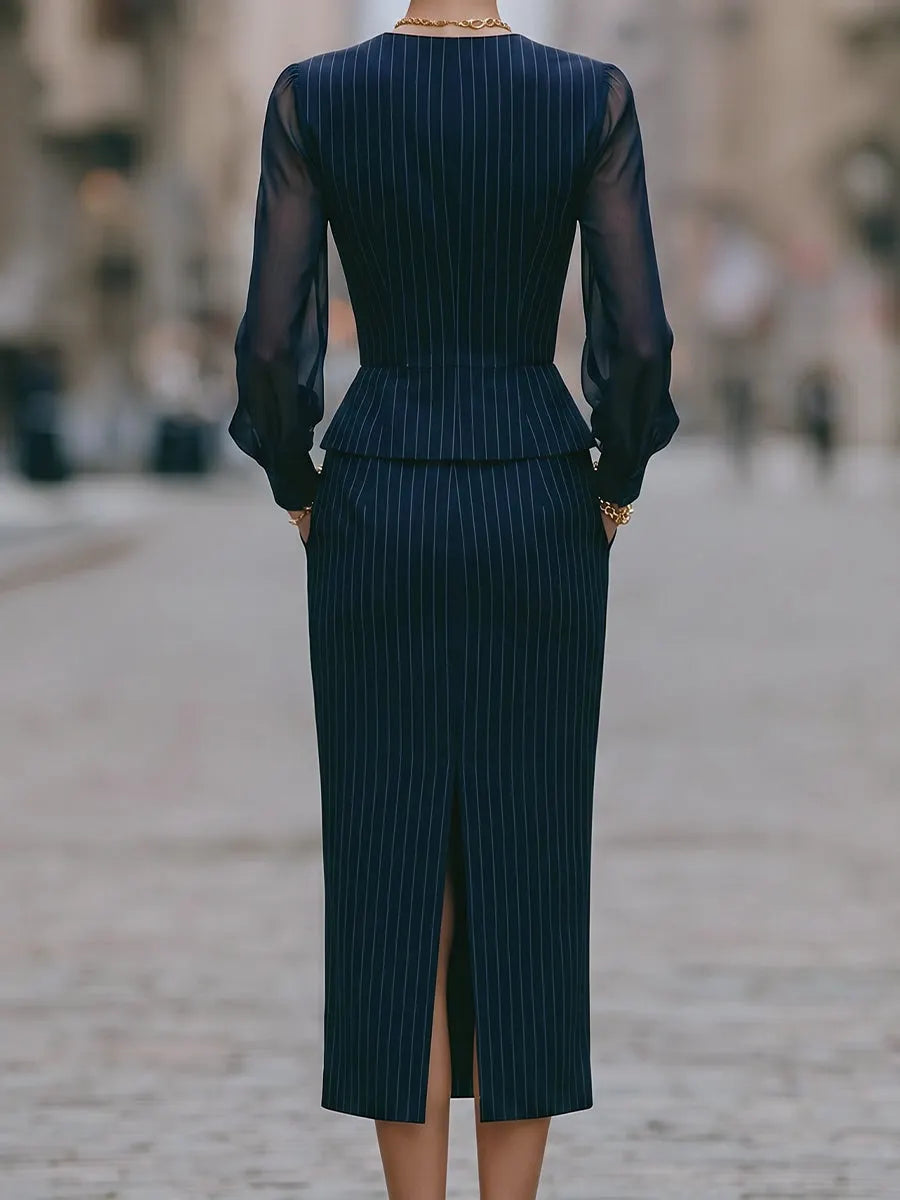 Pinstripe Sheer Sleeve Two-Piece Tailored Set