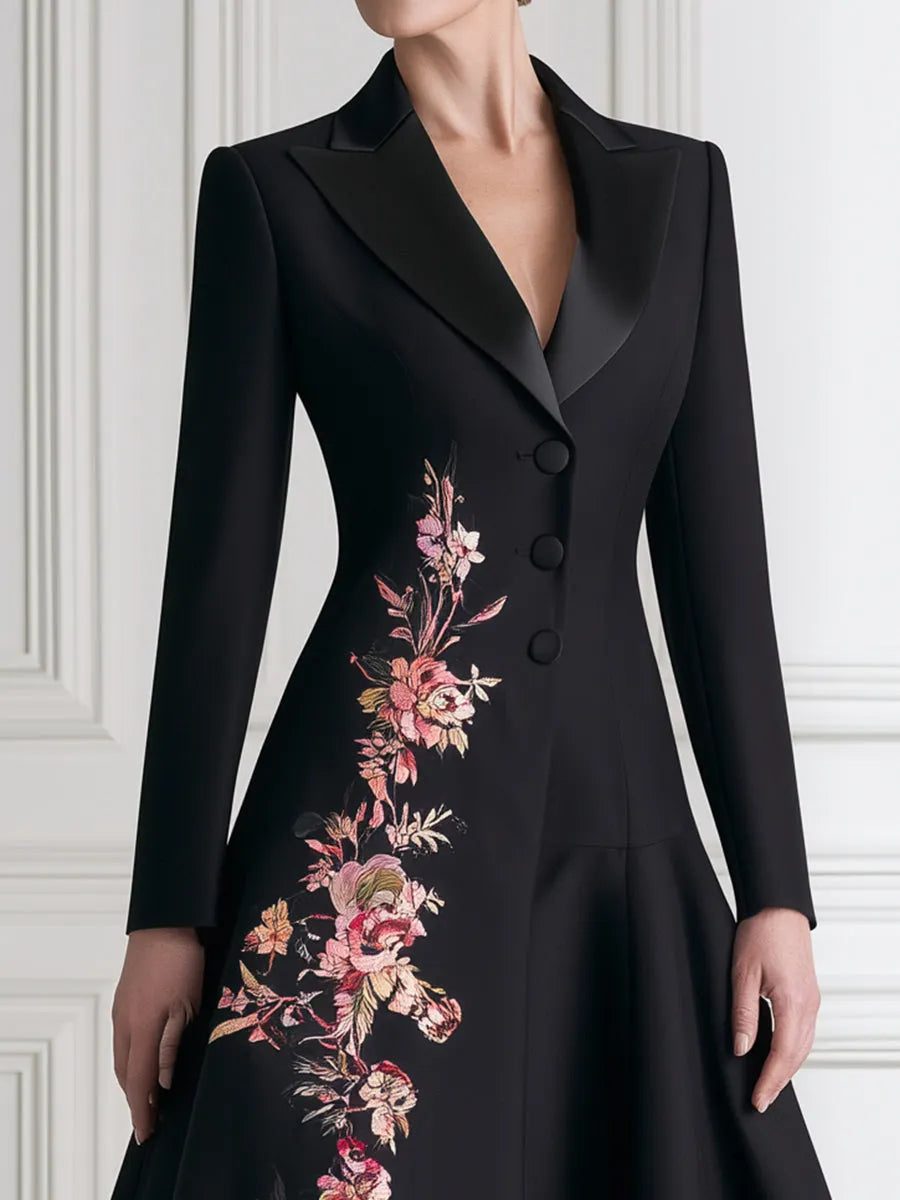 Floral Embroidered A-Line Blazer Midi Dress