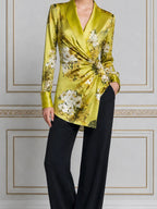 Green Floral Satin Wrap Shirt & Black Wide-Leg Trousers Two-Piece Set