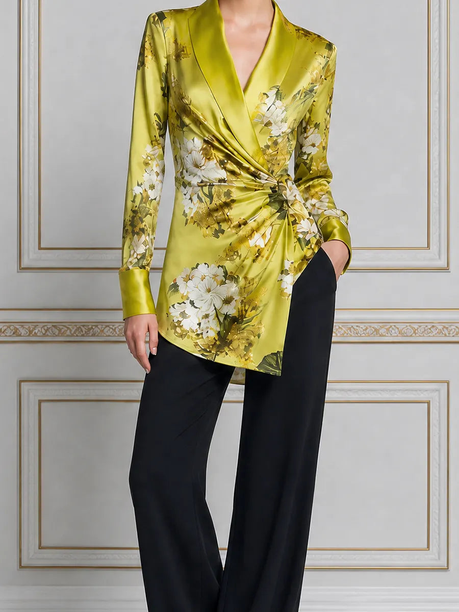 Green Floral Satin Wrap Shirt & Black Wide-Leg Trousers Two-Piece Set