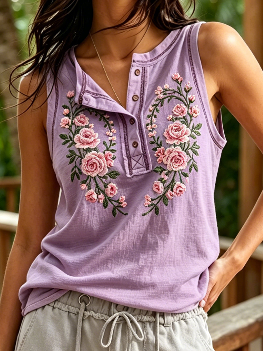 Women's Ethnic Floral Art Print Casual Open-front Cotton Linen Tank Top