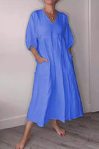 Solid V Neck Half Sleeve Linen with Pocket Dress