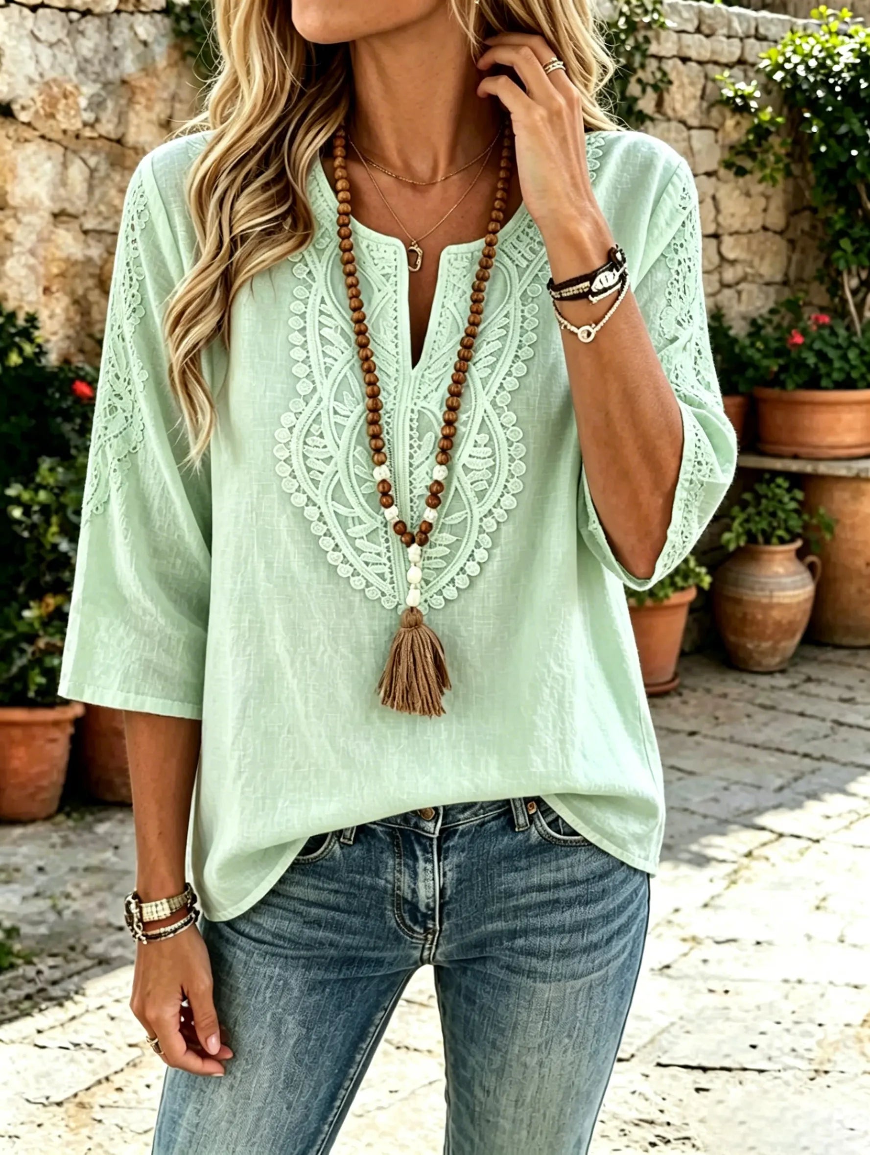 Women's Solid Front Eyelet Floral Embroidered V-Neck 3/4 Sleeve Linen Blouse