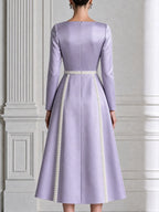 Cowl Neck Satin Pearl Trim A-Line Midi Dress