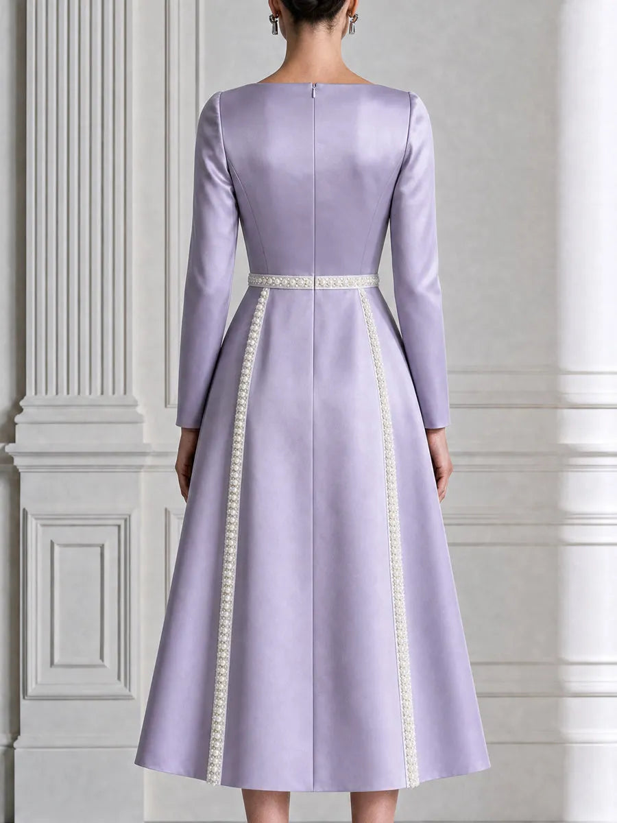 Cowl Neck Satin Pearl Trim A-Line Midi Dress
