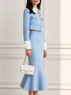 Tweed Contrast Collar Cropped Jacket & Fishtail Midi Skirt Two-Piece Set