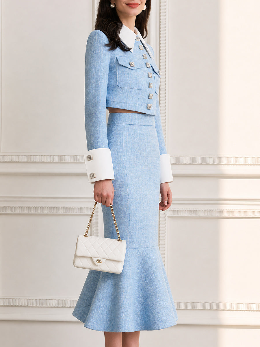 Tweed Contrast Collar Cropped Jacket & Fishtail Midi Skirt Two-Piece Set