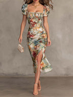 Floral Print Square Neckline Ruched Side Slit Bodycon Midi Dress