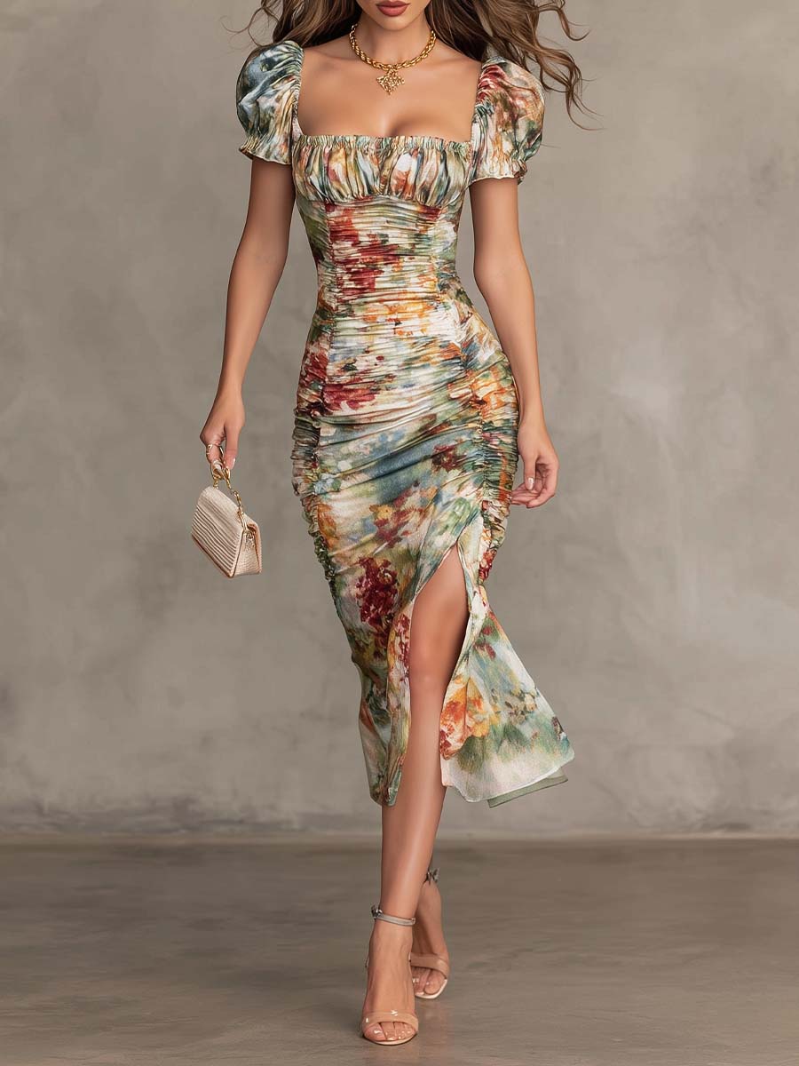 Retro And Elegant Floral Ruched Square-Neck Midi Dress