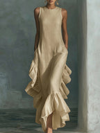 Elegant Ruffled Hem Cotton And Linen Maxi Dress