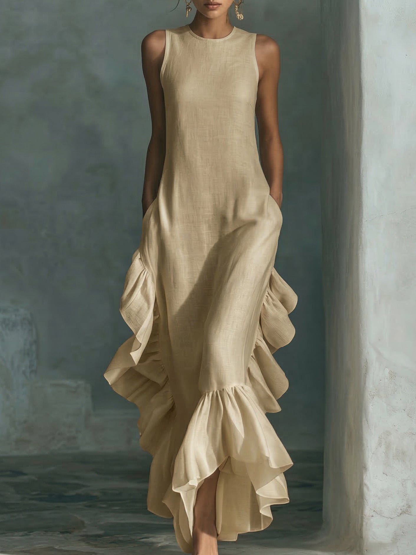 Elegant Ruffled Hem Cotton And Linen Maxi Dress