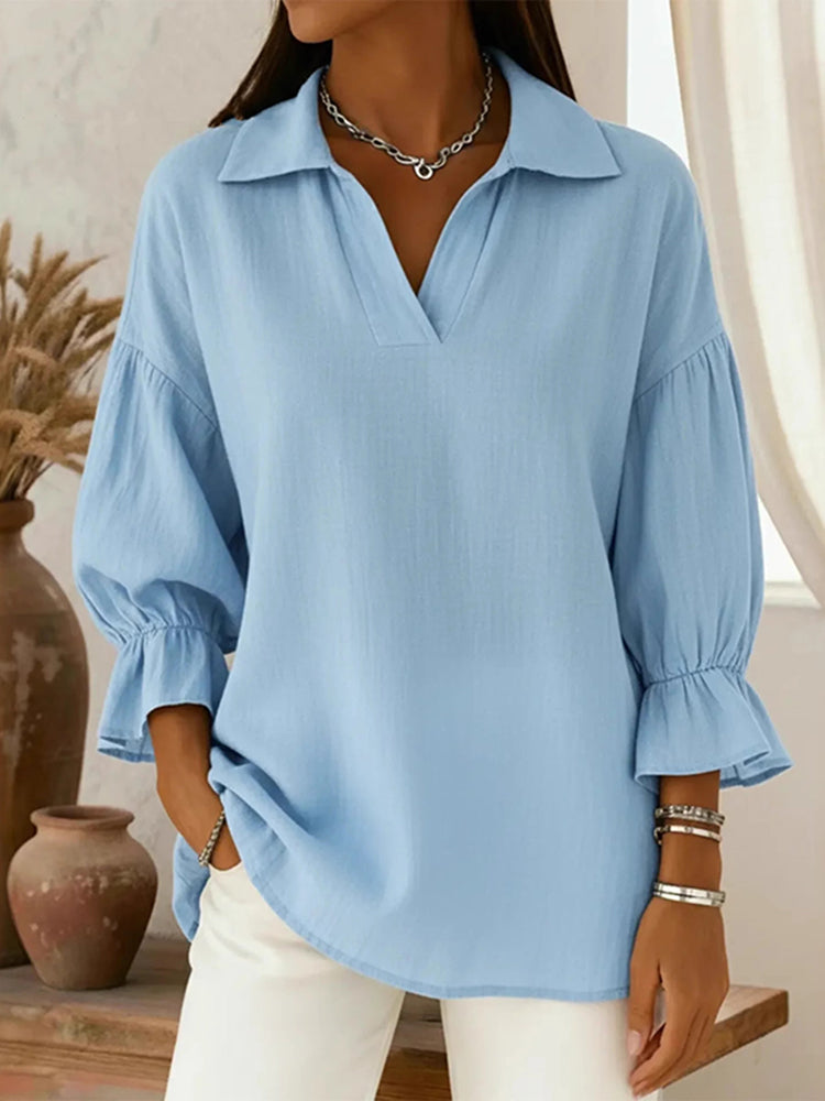 Women's Solid Color Collared Long Sleeve Loose Blouse