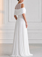 Elegant Mesh Off-Shoulder Draped Maxi Evening Gown