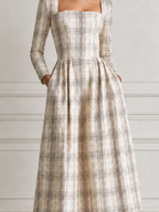 Ivory Plaid Square Neck Long Sleeve Pleated A-Line Midi Dress