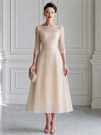 Boat-Neck Grid-Texture 3/4 Sleeve A-Line Midi Dress