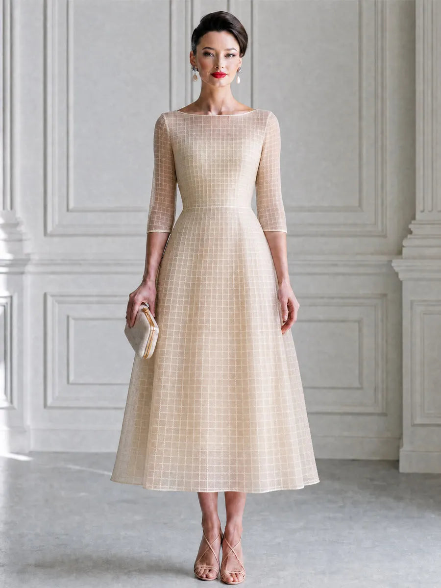 Boat-Neck Grid-Texture 3/4 Sleeve A-Line Midi Dress