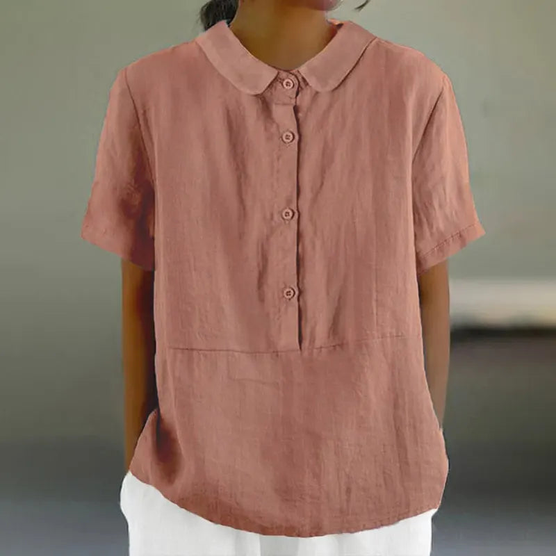 Solid Color Cotton And Linen Lapel Short Sleeved Casual Blouse