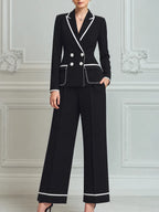 Black Contrast Trim Blazer & Wide Leg Pants Set
