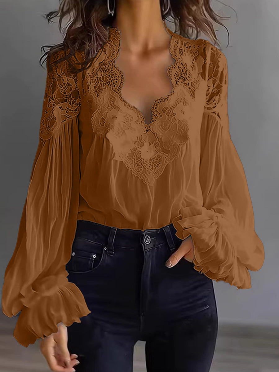 Women's Lace Patchwork Puff Sleeve Shirt