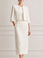 Ivory Collarless Cropped Jacket & Belted Pencil Midi Dress Two-Piece Suit Set