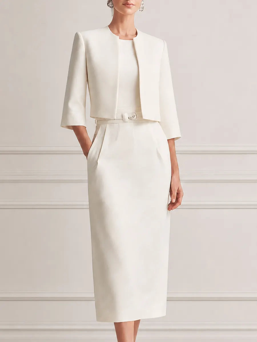 Ivory Collarless Cropped Jacket & Belted Pencil Midi Dress Two-Piece Suit Set
