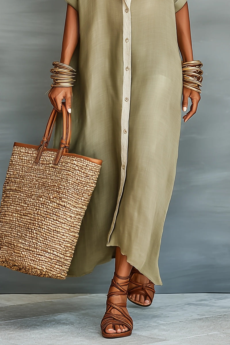 Women's Minimalist Linen Blend Short-sleeved Shirt Maxi Dress