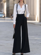 Black Suspender Wide Leg Trousers With White Blouse Set