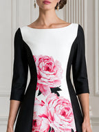 Pink Peony Print Boat Neck Color Block Satin Midi Dress