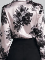 Ivory Black Floral Satin Button Front Blouse