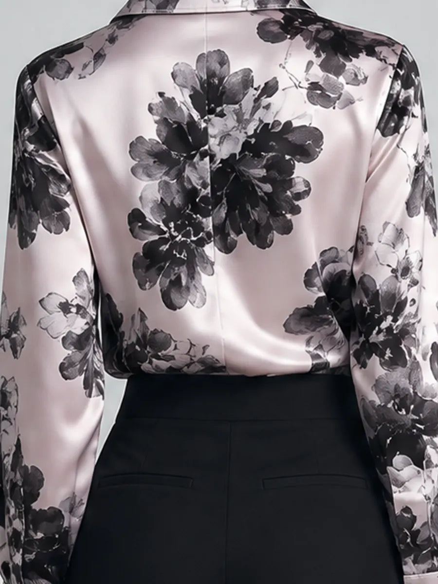 Ivory Black Floral Satin Button Front Blouse