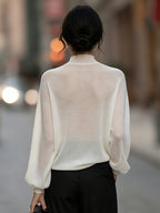 Semi-Sheer High-Neck Batwing Knit Sweater