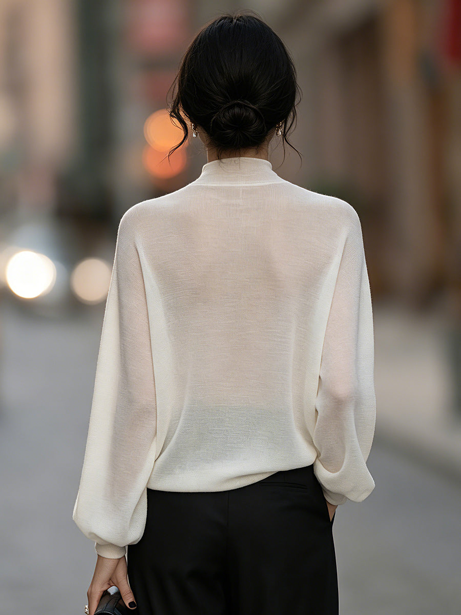 Semi-Sheer High-Neck Batwing Knit Sweater