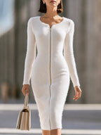 Fuzzy Knit Zip-Up Long Sleeve Bodycon Sweater Dress