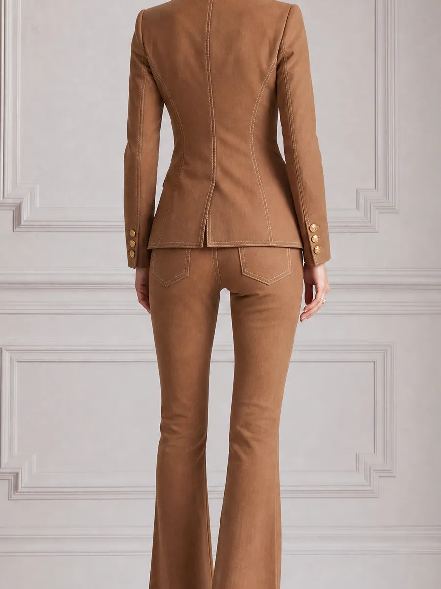 Camel Preppy Fall Fashion Tailored Blazer & Flare Pants Set