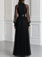 Pleated Sheer Long Sleeve Satin Belt Maxi Evening Dress