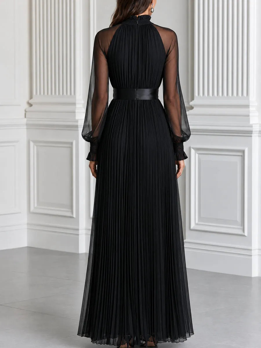 Pleated Sheer Long Sleeve Satin Belt Maxi Evening Dress