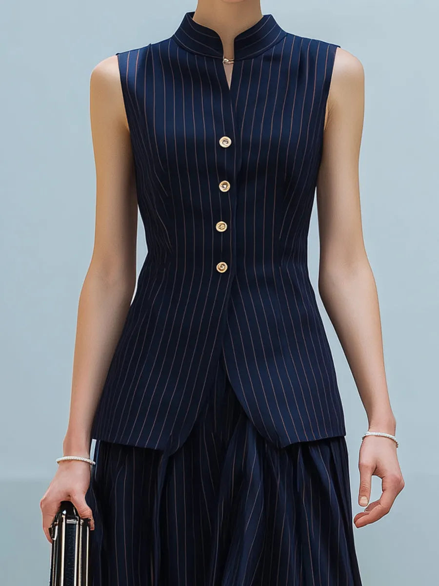 Pinstripe Sleeveless Asymmetric Hem Two-Piece Set