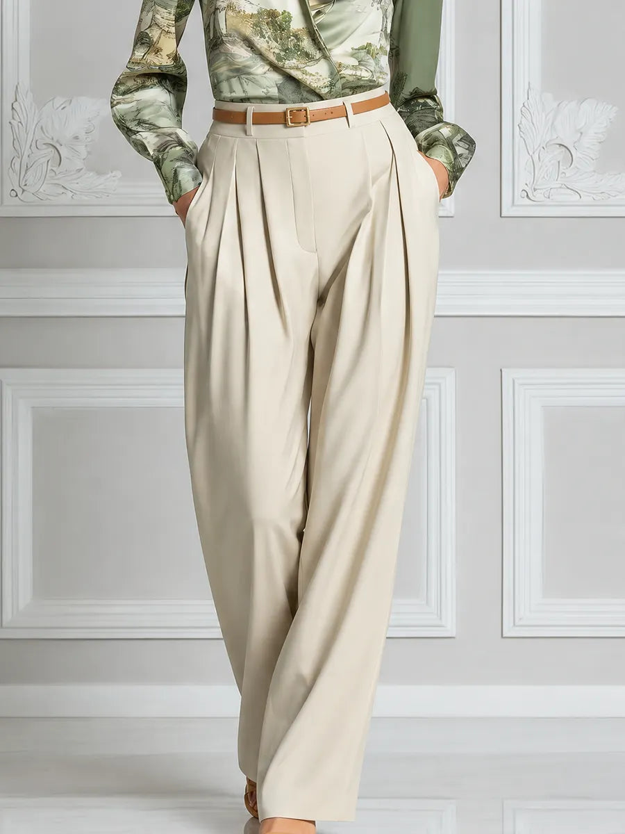 Sage Scenic Satin Blouse & Ivory Pleated Wide Leg Pants Set