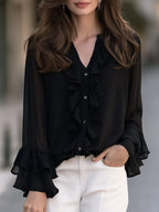 Ruffled Chiffon V-Neck Tiered Bell Cuffs Blouse