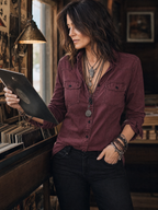 Retro Flap Chest Pocket Long-sleeved Denim Blouse