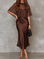 Brown Chiffon Blouse And Satin Midi Dress Two-piece Set