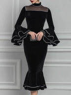 Velvet Mock-Neck Mesh-Yoke Ruffle-Sleeve Mermaid Midi Dress