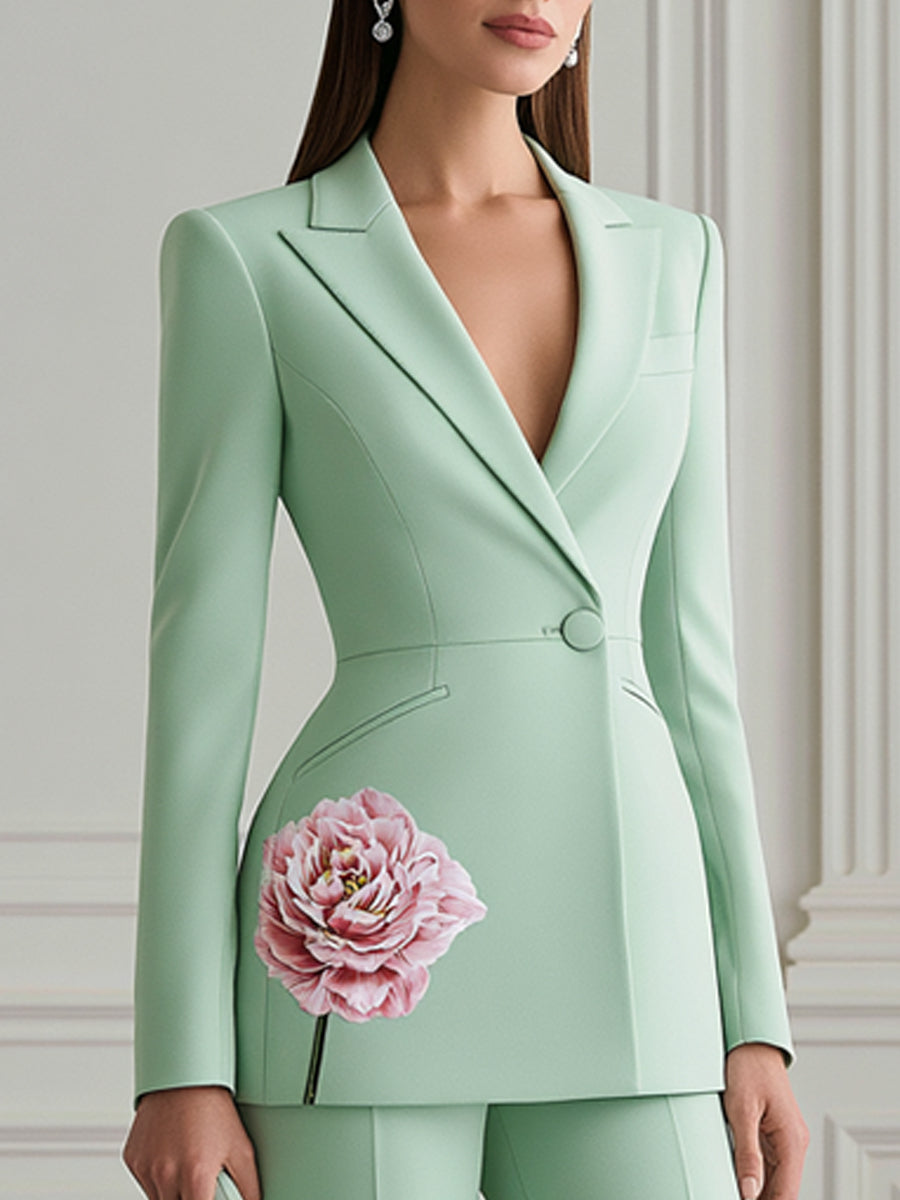 Floral Embellished Tailored Blazer And Wide-Leg Pants Set