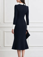 Contrast Peter Pan Collar Long Sleeve Fishtail Midi Dress
